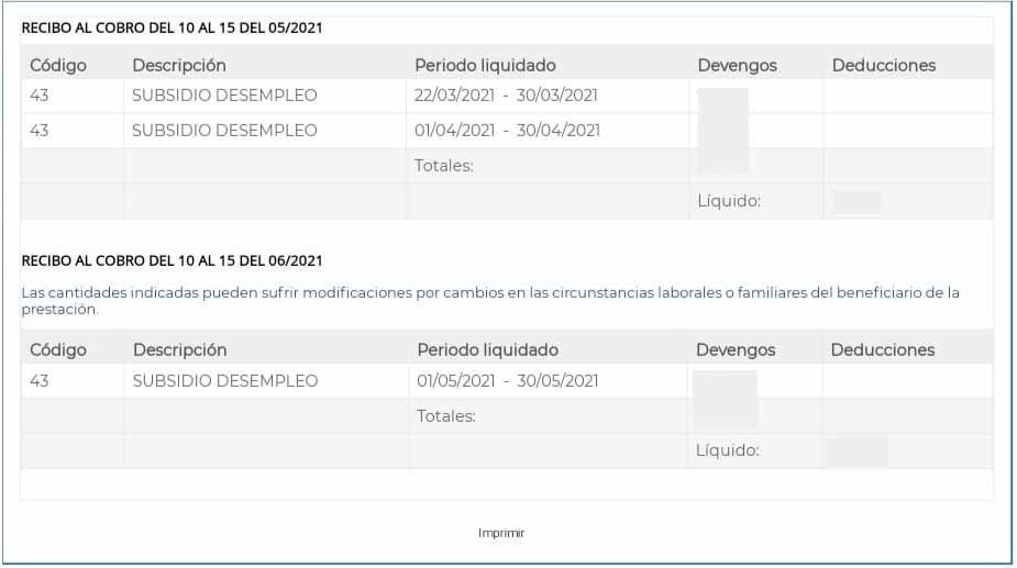 Ejemplo de detalle de nómina de desempleo consultada en la sede del SEPE